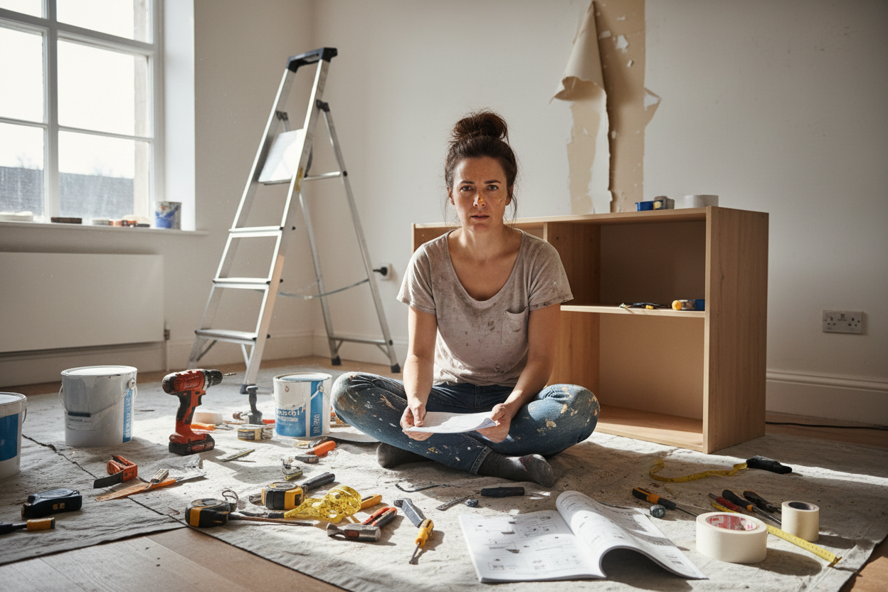 overwhelmed homeowner amidst a DIY project